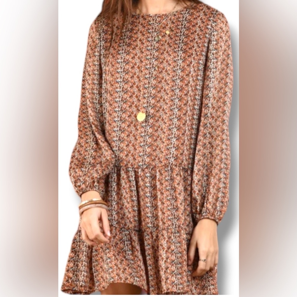 MOLLY BRACKEN long sleeve geometric mini dress w/copper metallic thread Size Sm
